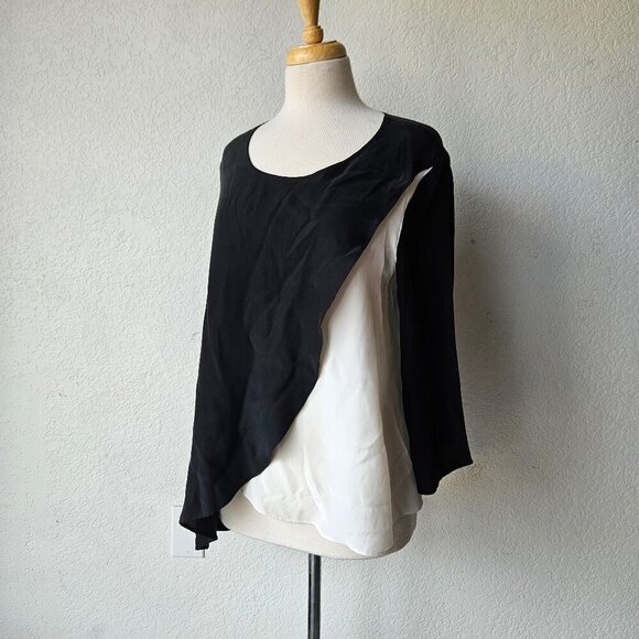 Neiman Marcus Black White Two Tone 100% Silk Asymmetrical Lagenlook Top Blouse M - Picture 3 of 6